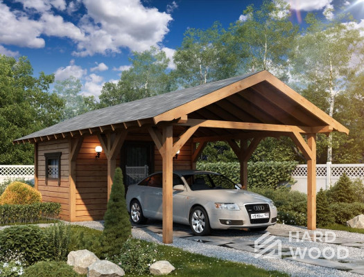 Навес для машины на дачу из дерева с хозблоком №73 - фото 1125